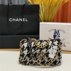 Chanel 19 Handbag Wool Tweed Gold Double C Metal Black/White AS1160