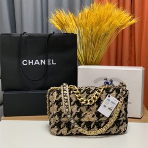 Cha.nel 19 Large Handbag Wool Tweed Gold Double C Metal Black/Beige AS1161