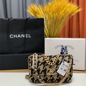 Chanel 19 Handbag Wool Tweed Gold Double C Metal Black/Beige AS1160