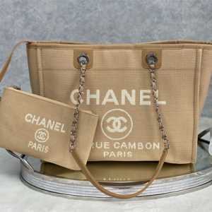 Cha.nel Deauville MM Shopping Bag Mixed Fibers Silver Tone Metal Beige A67001