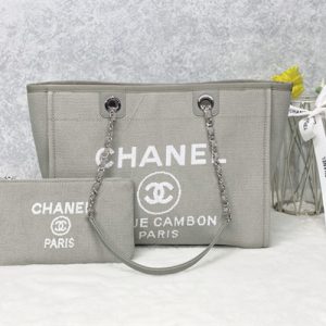 Cha.nel Deauville MM Shopping Bag Mixed Fibers Silver Tone Metal Grey A67001
