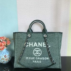 Cha.nel Deauville Large Shopping Bag Mixed Fibers Silver Tone Metal Green A66941