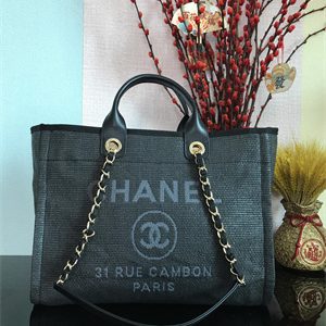 Cha.nel Deauville Large Shopping Bag Mixed Fibers Gold Tone Metal Black A66941