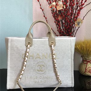 Cha.nel Deauville Large Shopping Bag Mixed Fibers Gold Tone Metal Beige A66941