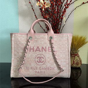 Cha.nel Deauville Large Shopping Bag Mixed Fibers Silver Tone Metal Pink A66941