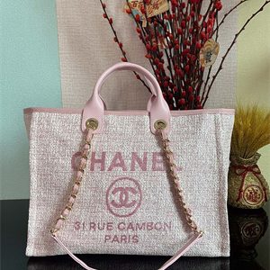 Cha.nel Deauville Large Shopping Bag Mixed Fibers Gold Tone Metal Pink A66941