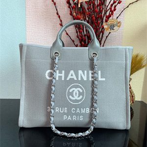 Cha.nel Deauville Large Shopping Bag Mixed Fibers Silver Tone Metal Grey Blue A66941