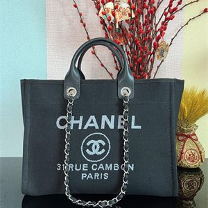 Cha.nel Deauville Large Shopping Bag Mixed Fibers Silver Tone Metal Black A66941