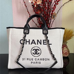 Cha.nel Deauville Large Shopping Bag Mixed Fibers Silver Tone Metal Cream A66941