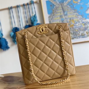 Cha.nel Vintage Large Shopping Bag Calfskin Gold Tone Metal Beige A99