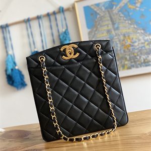 Cha.nel Vintage Large Shopping Bag Calfskin Gold Tone Metal Black A99