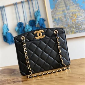 Cha.nel Vintage Shopping Bag Calfskin Gold Tone Metal Black A98