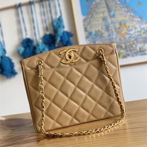 Cha.nel Vintage Shopping Bag Calfskin Gold Tone Metal Beige A98