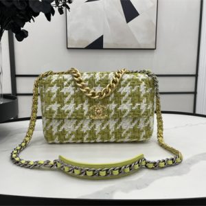 Cha.nel 19 Large Handbag Wool Tweed Gold Double C Metal Green/White AS1161