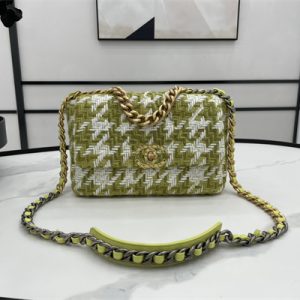 Chanel 19 Handbag Wool Tweed Gold Double C Metal Green/White AS1160