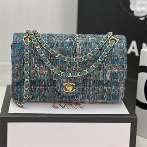 Cha.nel Medium Classic Flap Bag Tweed Gold Tone Metal Blue A01112