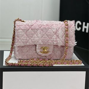 Cha.nel Mini Classic Flap Bag Tweed Gold Tone Metal Pink A01116