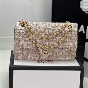 Cha.nel Medium Classic Flap Bag Tweed Gold Tone Metal Beige A01112