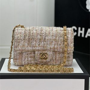 Cha.nel Mini Classic Flap Bag Tweed Gold Tone Metal Beige A01116