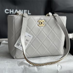 Cha.nel Shopping Bag Smooth Calfskin Gold Tone Metal Grey AS3508