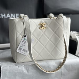 Cha.nel Shopping Bag Smooth Calfskin Gold Tone Metal White AS3508