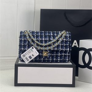 Cha.nel Medium Classic Flap Bag Tweed Gold Tone Metal Dk Blue A01112