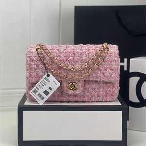 Cha.nel Medium Classic Flap Bag Tweed Gold Tone Metal Pink A01112