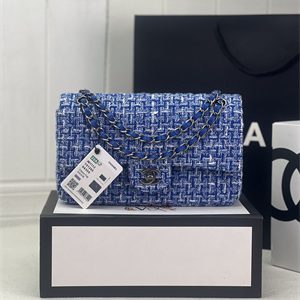 Cha.nel Medium Classic Flap Bag Tweed Silver Tone Metal Blue A01112