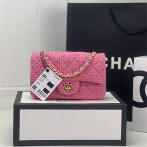Cha.nel Mini Classic Flap Bag Tweed Gold Tone Metal Pink A01116