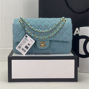 Cha.nel Medium Classic Flap Bag Tweed Gold Tone Metal Blue A01112