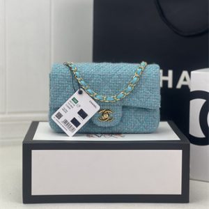 Cha.nel Mini Classic Flap Bag Tweed Gold Tone Metal Blue A01116