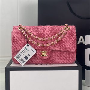Cha.nel Medium Classic Flap Bag Tweed Gold Tone Metal Pink A01112