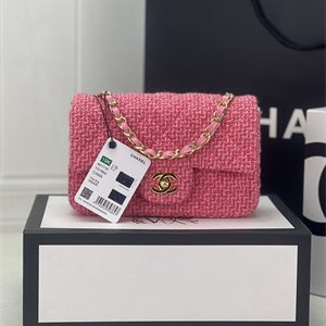 Cha.nel Mini Classic Flap Bag Tweed Gold Tone Metal Pink A01116