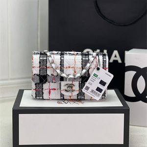 Cha.nel Mini Classic Flap Bag Tweed Silver Tone Metal A01116