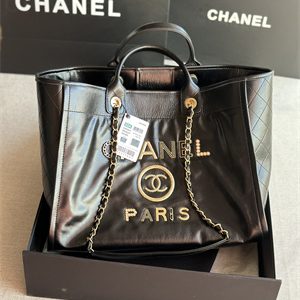 Cha.nel Deauville Large Shopping Bag Shiny Calfskin Gold Tone Metal Black A66941