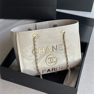 Cha.nel Deauville MM Shopping Bag Shiny Calfskin Gold Tone Metal White A67001