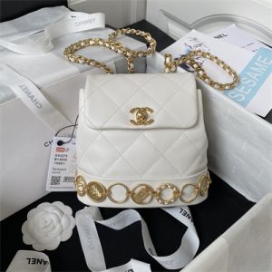 Cha.nel Backpack Lambskin Gold Tone Metal White AS4275