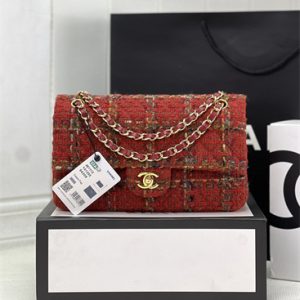 Cha.nel Medium Classic Flap Bag Tweed Gold Tone Metal Red A01112