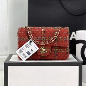 Cha.nel Mini Classic Flap Bag Tweed Gold Tone Metal Red A01116