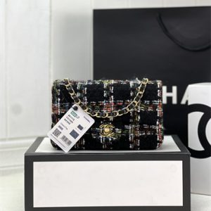 Cha.nel Mini Classic Flap Bag Tweed Gold Tone Metal Black A01116