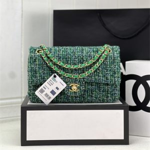Cha.nel Medium Classic Flap Bag Tweed Gold Tone Metal Green A01112