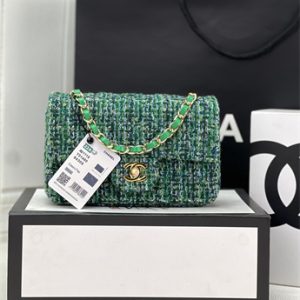 Cha.nel Mini Classic Flap Bag Tweed Gold Tone Metal Green A01116
