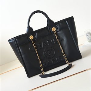 Cha.nel Deauville Small Shopping Bag Goatskin Leather Gold Tone Metal Black AS3257