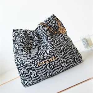 Cha.nel 22 Medium Handbag Tweed Gold Tone Metal Black/White AS3261
