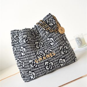 Cha.nel 22 Small Handbag Tweed Gold Tone Metal Black/White AS3260