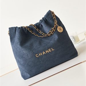 Cha.nel 22 Medium Handbag Velvet Gold Tone Metal Blue AS3261