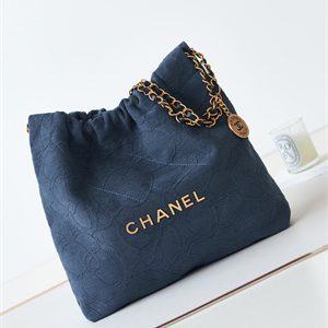 Cha.nel 22 Small Handbag Velvet Gold Tone Metal Blue AS3260
