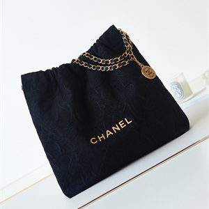 Cha.nel 22 Medium Handbag Velvet Gold Tone Metal Black AS3261