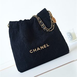 Cha.nel 22 Small Handbag Velvet Gold Tone Metal Black AS3260