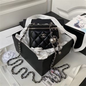 Cha.nel Vanity Case With Ball Lambskin Silver Tone Metal Black AP1447